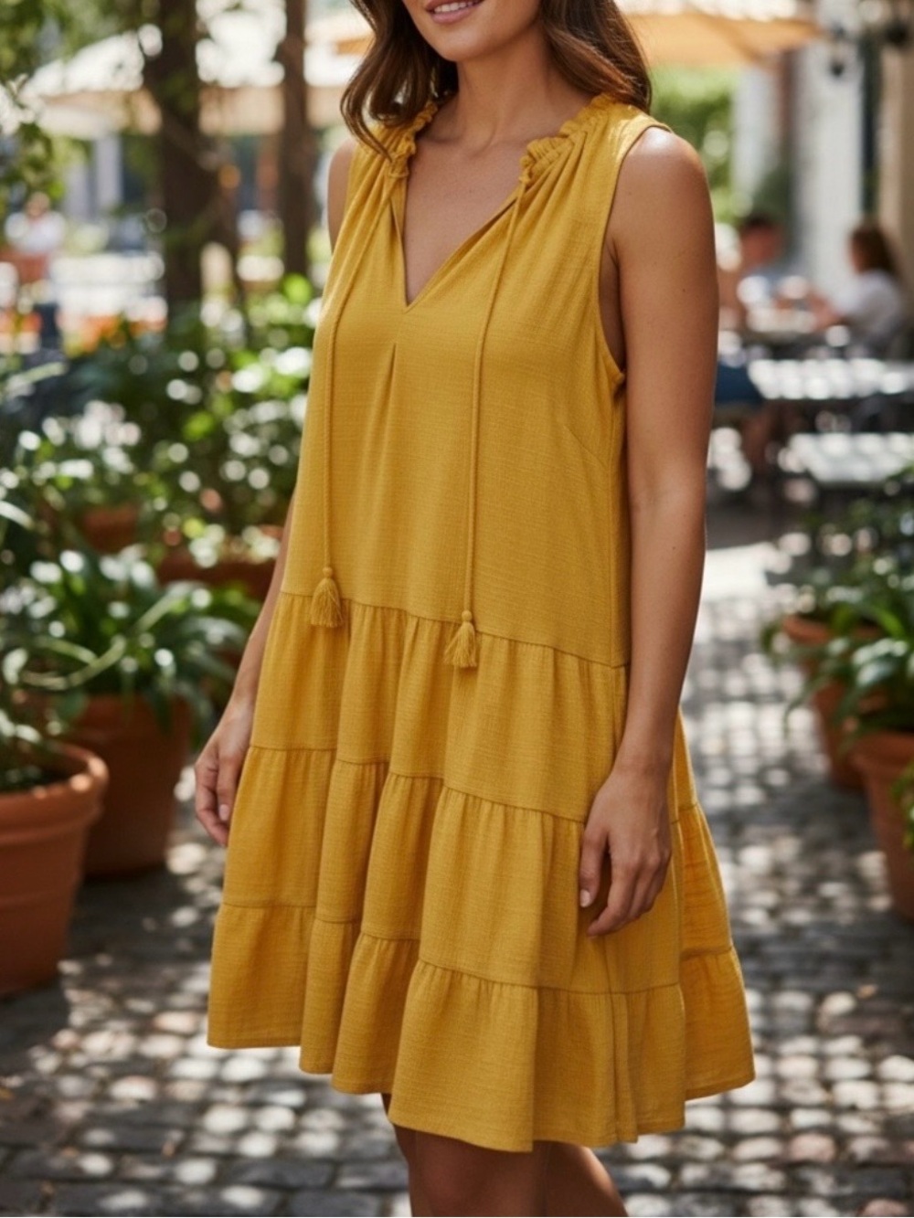 Max Studio Mustard Tiered V-Neck Sleeveless Dress